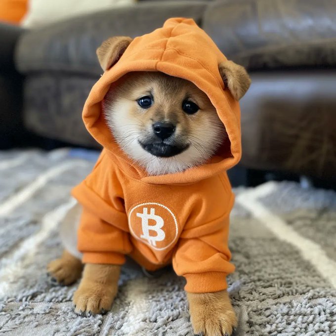 An adorable Shiba Inu puppy wearing an orange hoodie featuring the Bitcoin '₿' logo sits on a beige carpet in front of a brown leather couch.