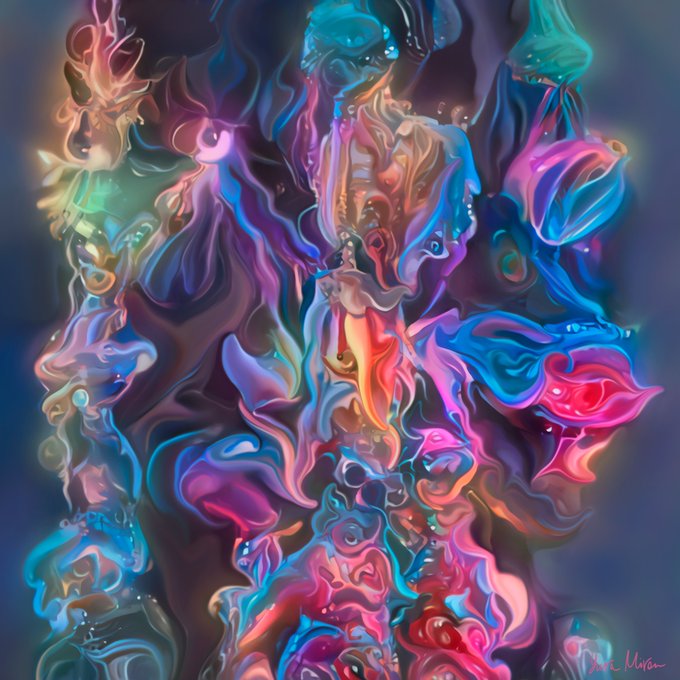 A colorful abstract digital painting filled with fluid, swirling forms in vibrant shades of pink, blue, orange, and purple against a dark blue background.