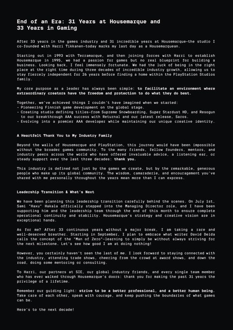 A black screen with white text titled "End of an Era: 31 Years at Housemarque and 33 Years In Gaming," detailing a leadership transition and a heartfelt thank you letter.