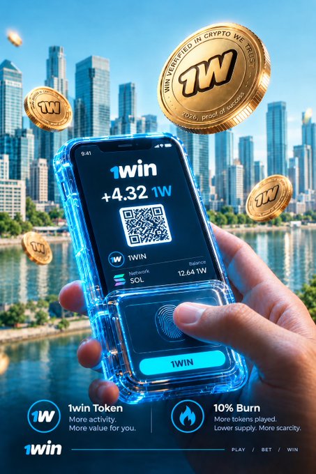 The image shows a hand holding a smartphone displaying a "1win" app with a balance of "+4.32 1W" and a network labeled "SOL" with "12.64 1W," surrounded by floating gold "1W" coins against a city skyline. Text at the bottom highlights "1win Token" and "10% Burned," visually reinforcing the caption's message that tokens are used across various platform activities and continuously burned with increased usage.