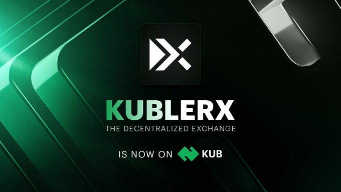 The image features a black background with green lines that create an abstract pattern. The main focus of the image is a logo for Kublerx, which is white with a black "X" symbol. Below the logo, there's text that reads "KUB ECONTRACTS", indicating that this is part of the KUB ECONTRACTS ecosystem. Additionally, there are two lines of green text below the logo, stating that "KUBLERX IS NOW ON KUB Chain!". This suggests that Kublerx has joined the KUB Chain and is now available for use by users on the chain.