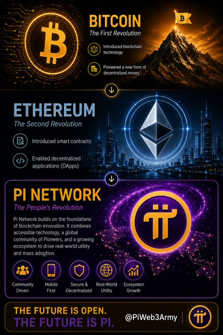 A cryptocurrency infographic comparing Bitcoin as 'The First Revolution' and Ethereum as 'The Second Revolution,' followed by Pi Network described as 'The People's Revolution' with the slogan 'THE FUTURE IS OPEN. THE FUTURE IS PI.'