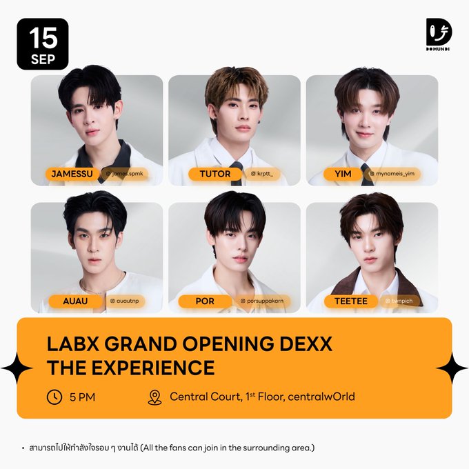 A promotional poster dated 15 SEP for 'LABX GRAND OPENING DEXX THE EXPERIENCE' at 5 PM at Central Court, 1st Floor, centralwOrld, featuring six young men in white shirts labeled JAMESSU, TUTOR, YIM, AUAU, POR, and TEETEE with their social media handles.