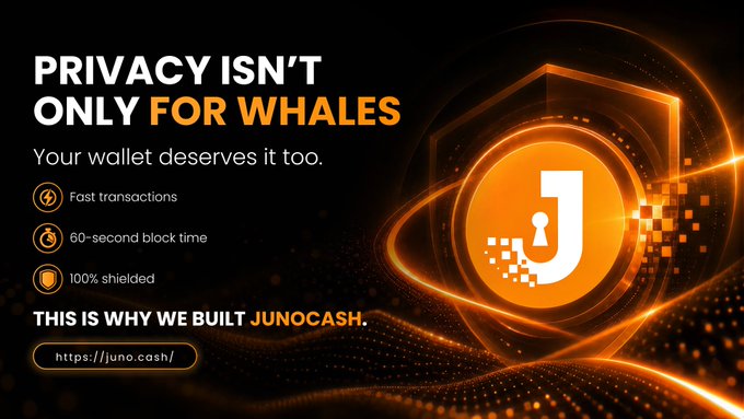 An advertisement for JUNOCASH cryptocurrency reading 'PRIVACY ISN'T ONLY FOR WHALES. Your wallet deserves it too,' highlighting fast transactions, 60-second block time, and 100% shielding.