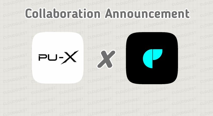 The image displays a "Collaboration Announcement" graphic featuring the PU-X logo alongside a black icon with a teal "P" symbol, separated by an "X," announcing a partnership between ParallelUniX and another entity, likely related to their Japanese folklore-inspired waifu NFT collection mentioned in the post.