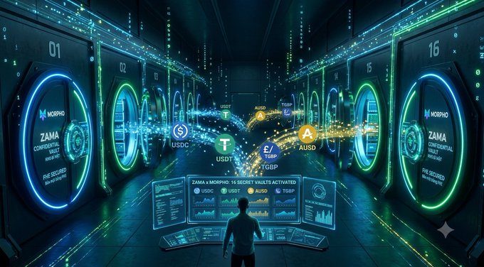Futuristic digital illustration showing 16 Morpho Zama confidential vaults with various cryptocurrency tokens (USDC, USDT, AUSDT, TGBP) flowing between them, with a person standing at a control panel labeled 'ZAMA x MORPHO: 16 SECRET VAULTS ACTIVATED'.