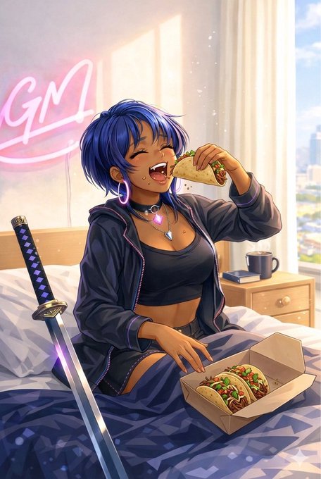 An anime-style illustration shows a blue-haired character eating a taco on a bed, with a sword and an open takeout box of tacos nearby, under a pink 'GM' neon sign.