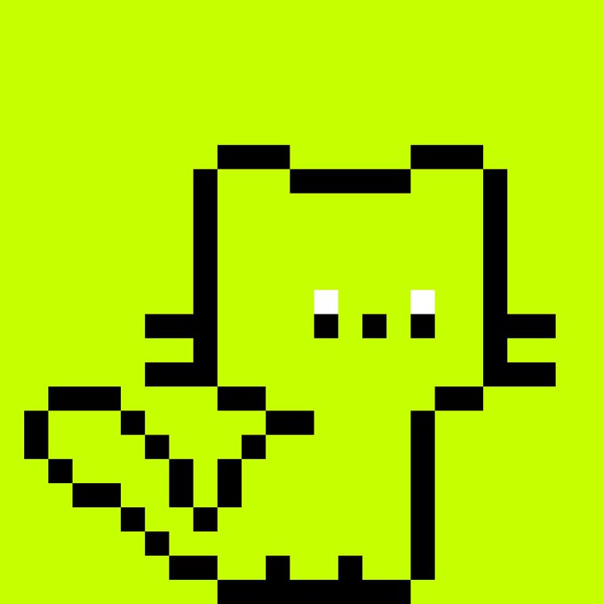 A simple pixel art character on a lime green background, drawn with black blocky outlines and two small white pixel eyes.