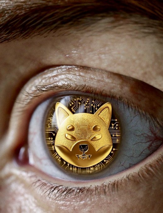 The image features a close-up of an eye, with a gold coin or symbol superimposed over it. The coin appears to be a golden dog head, which is a common symbol associated with Bitcoin. The caption below the image reads "I definitely see the Vision! #SHIB". This suggests that the person viewing this image has noticed and interpreted the Bitcoin symbol in their eye as a reference to Bitcoin or cryptocurrency.