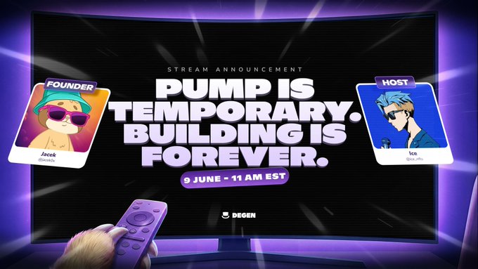 The image features a television screen with two cartoon characters wearing sunglasses and holding remote controls. The text displayed on the screen reads "Pump Is Temporary. Building Is Forever." This message seems to be related to an event or promotion, possibly for a streaming platform like Netflix. The poster also includes details about the date of the event, which is June 9th, 2026, at 11 AM EST.