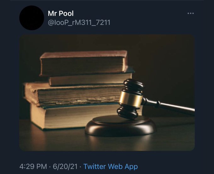 The image features a judge's gavel resting atop three books arranged on a surface, possibly a table or desk. A black Twitter screen with white text can be seen behind the gavel, which indicates that the content of this image is relevant to the discussion happening in the Twitter conversation. The post appears to be related to a case and could be about Judge Pool's decision regarding a particular situation or a similar legal matter.