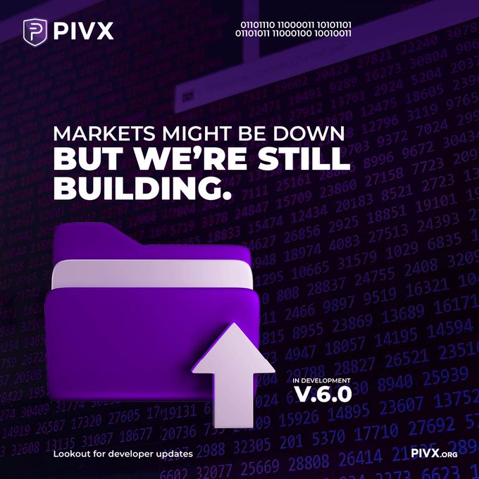 The image shows a purple folder with an upward-pointing arrow inside of it. The text above the folder reads " Markets might be down, but we're still building." Below this, there are numbers that appear to represent some sort of data or information related to the folder and its contents.