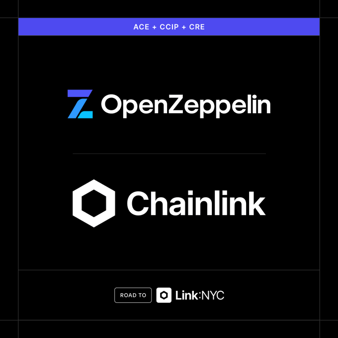 A graphic reads “ACE + CCIP + CRE” above the OpenZeppelin and Chainlink logos, with “ROAD TO Link:NYC” below. It illustrates Chainlink’s ACE, Cross-Chain Interoperability Protocol (CCIP), and Chainlink Runtime Environment (CRE) being integrated into OpenZeppelin tooling.
