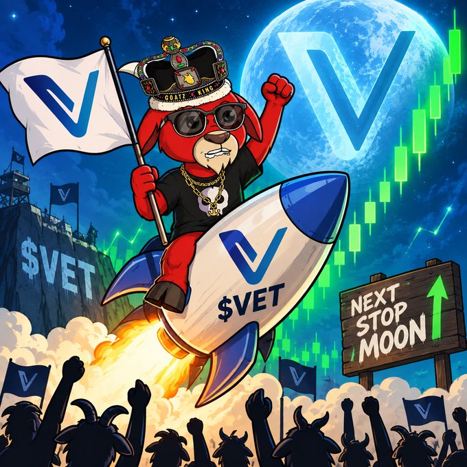 A vibrant cartoon illustration of a red goat character wearing sunglasses and a crown, riding a rocket labeled '$VET' with the Vechain logo, surrounded by green candlestick charts and a 'NEXT STOP MOON' sign.