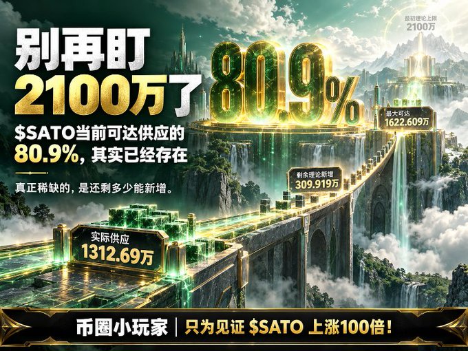 A Chinese-language promotional advertisement for the cryptocurrency $SATO, featuring the headline '别再盯2100万了' (Stop focusing on 21 million) and claiming 80.9% of supply already exists, against an elaborate fantasy landscape with castles and bridges.