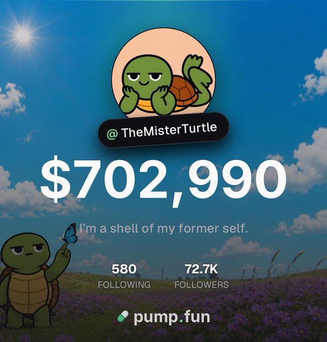 The image shows a Pump.fun profile for "TheMisterTurtle" featuring a turtle mascot with the account valued at $702,990, 580 following, and 72.7K followers, alongside the caption "I'm a shell of my former self." The image relates to the post by celebrating three months of farming "toppers," tying the turtle's playful "shell" pun to his farming success and portfolio growth.