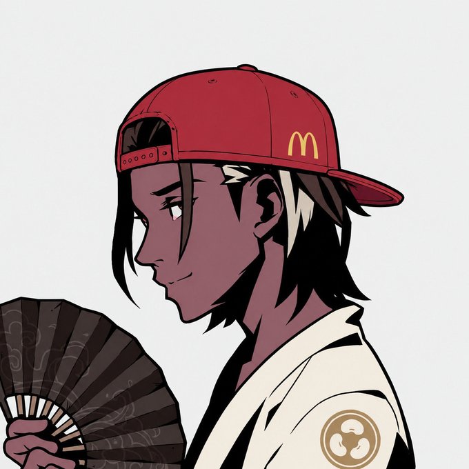 A side-profile anime illustration of a character with dark skin wearing a red cap with a McDonald's logo, holding a black folding fan and wearing a white robe with a circular emblem.