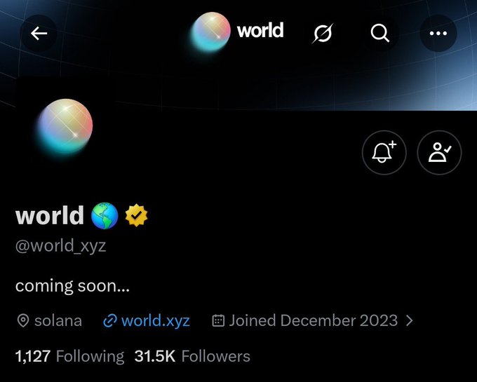 A Twitter/X profile page for "world" (@world_xyz) is displayed, showing a verified account with 31.5K followers, tagged with "solana" and a "coming soon..." bio, aligning with the post's discussion of World as a potential upcoming Solana-based project.