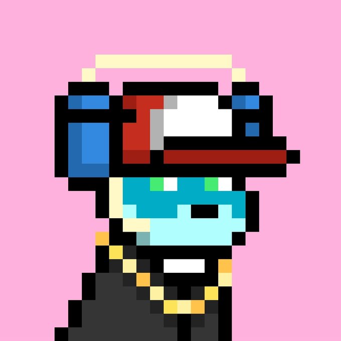Pixel art character on a pink background wearing a cap with red, white, and blue colors, a teal and black outfit, and a gold chain.