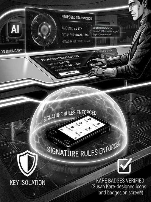 A black and white illustration depicts a person approving an AI-mediated cryptocurrency transaction of 5.5 ETH, emphasizing 'KEY ISOLATION' and 'SIGNATURE RULES ENFORCED' around a protected mobile device.