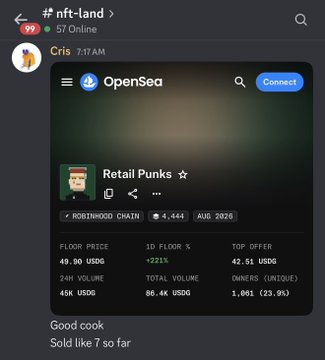 A mobile screenshot of a chat app displaying an OpenSea listing for a 'Retail Punks' NFT on Rootinhood Chain with a floor price of 49.90 USGD.
