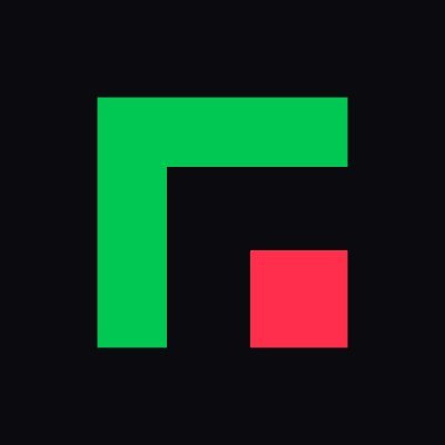 A minimalist logo featuring a green angular 'L' shape next to a red square on a dark gray background.