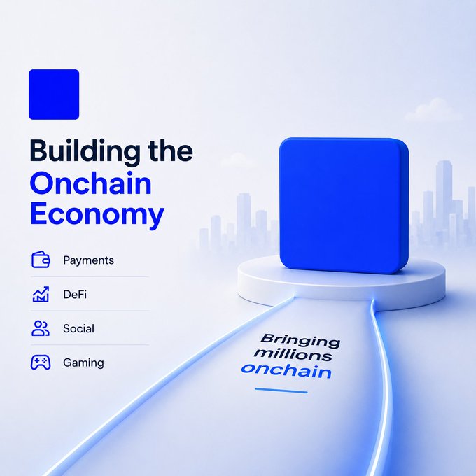 A promotional graphic for Base blockchain with the text 'Building the Onchain Economy' and categories for Payments, DeFi, Social, and Gaming, featuring a blue cube on a pedestal with 'Bringing millions onchain.'