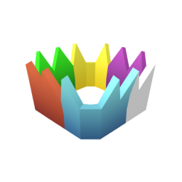 A 3D rendered colorful crown model featuring pointed peaks in red, green, yellow, purple, white, and cyan colors, displayed against a plain light gray background.