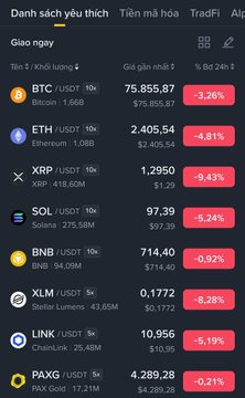 A Binance cryptocurrency market screen displaying various assets with significant price drops, including BTC at $75,855.87 (-3.26%), ETH at $2,405.54 (-4.81%), XRP at $1.2950 (-9.43%), SOL at $97.39 (-5.24%), BNB at $714.40 (-0.92%), XLM at $0.1772 (-8.28%), LINK at $10.956 (-6.19%), and PAXG at $4,289.28 (-0.21%).