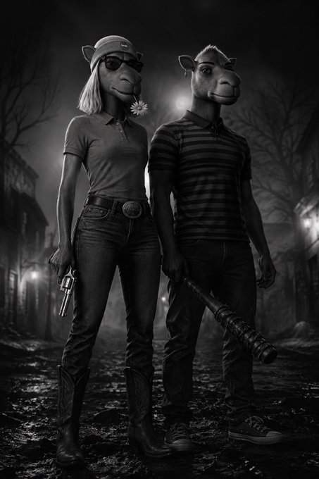Black and white artwork depicting two characters with animal/giraffe heads wearing human clothing—one female with a gun and one male with a baseball bat—standing in a foggy street.