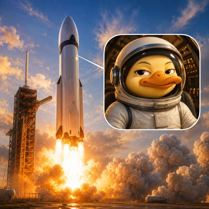 The image depicts a rocket launch scene with a person wearing a space suit standing next to a rocket. A small duck figure dressed like an astronaut appears to be standing on the rocket or looking off into the distance, symbolizing an interest in space exploration and possibly related to the creator economy.