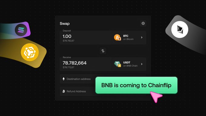 A Chainflip crypto swap interface showing a BTC to USDT exchange (1 BTC for 78,782,664 USDT) with a promotional banner reading 'BNB is coming to Chainflip'.