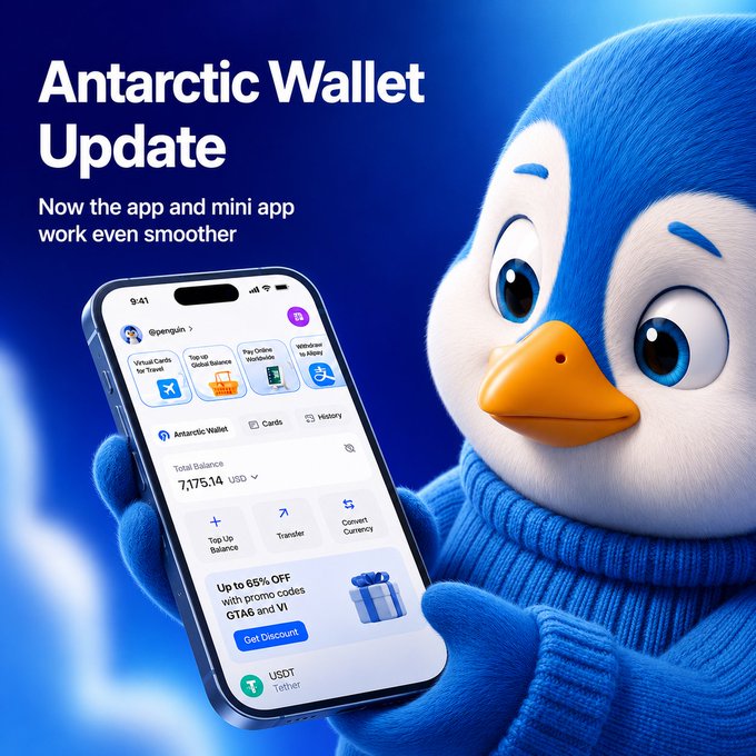A promotional graphic for the 'Antarctic Wallet Update' featuring a blue animated penguin holding a smartphone showing a crypto wallet app with a balance of 7,175.14 USD.
