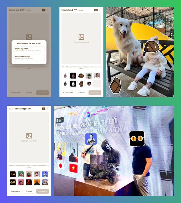 A collage showing a Seismic logo & PFP app interface with options to create Seismic or Personal PPFs, alongside photos of a white dog mascot character at an event and a person posing with a striped sculpture at a Vietnamese trade show booth.