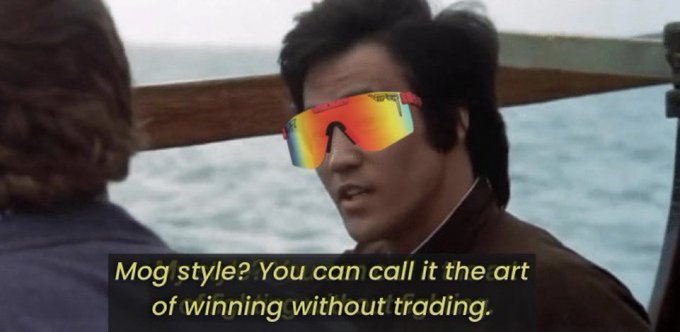 An image of Bruce Lee wearing Oakley sunglasses edited with rainbow lenses, with the caption: 'Mog style? You can call it the art of winning without trading.'
