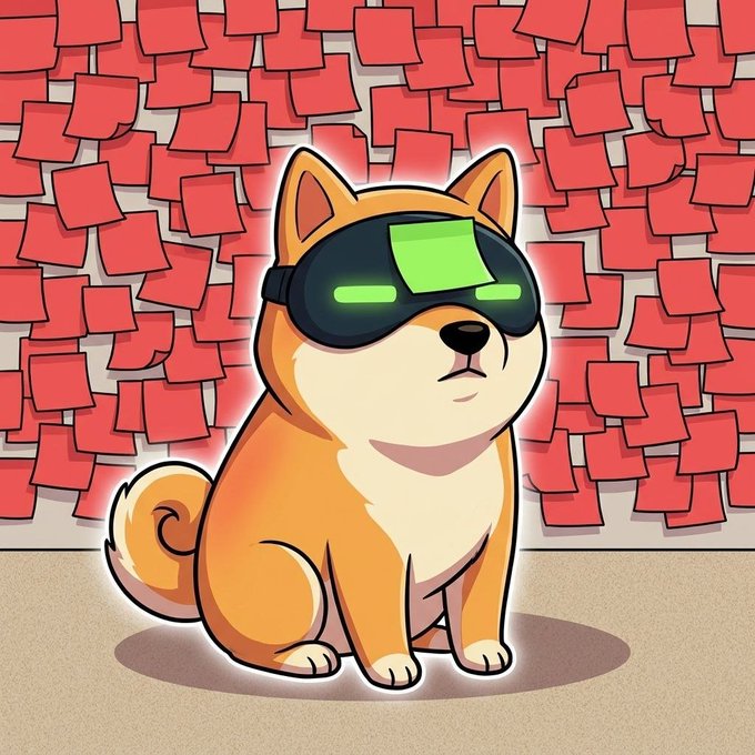 A cartoon illustration of a Shiba Inu dog wearing a glowing green VR headset, sitting in front of a wall covered in red sticky notes.