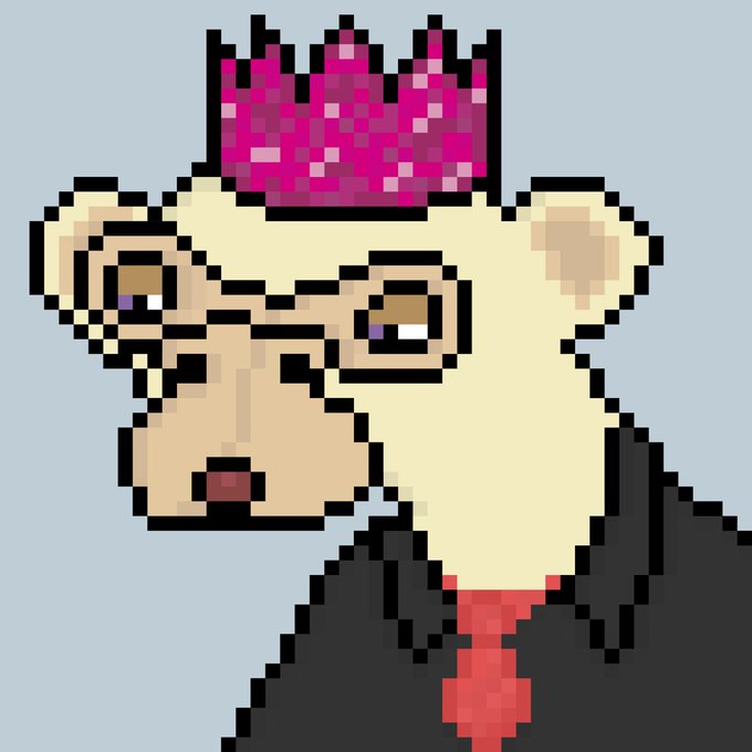A pixel art illustration of a beige bear-like character wearing a dark coat and a red tie, distinguished by a bright pink pixelated crown on its head.