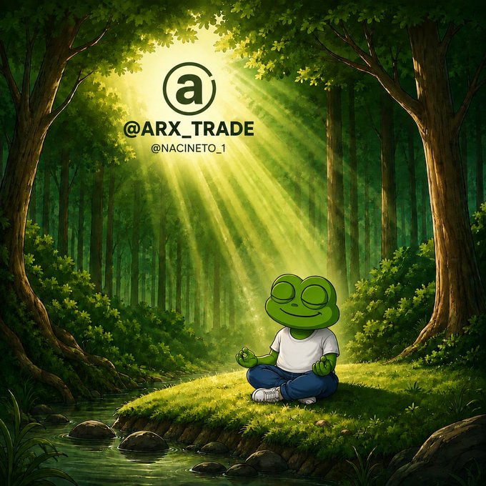 A cartoon frog meditates peacefully in a sunlit forest, sitting cross-legged on a mossy bank beside a stream, with the text "@ARX_TRADE" and "@NACINETO_1" displayed prominently above, reinforcing the post's message of staying calm and trading with mindful clarity.