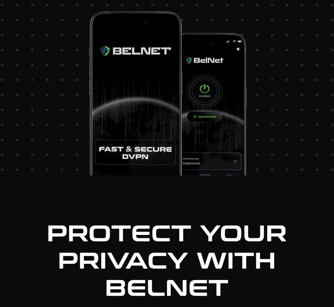 A promotional graphic for Belnet DVPN showing two smartphones displaying the app interface with the tagline "PROTECT YOUR PRIVACY WITH BELNET".