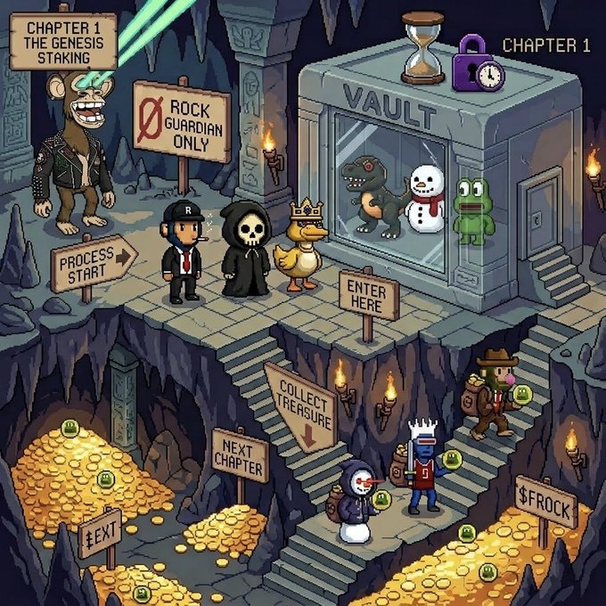 A pixel-art illustration depicting a cave with crypto-themed characters including a gorilla, a man in a suit, a grim reaper, a duck, a dog, and a frog in a vault, with signs reading 'CHAPTER 1 THE GENESIS STAKING', 'ROCK GUARDIAN ONLY', 'PROCESS START', 'ENTER HERE', 'COLLECT TREASURE', 'NEXT CHAPTER', '$EXT', and '$FROCK'.