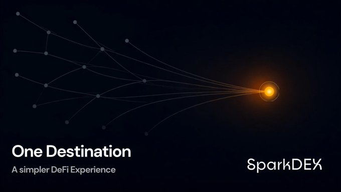 SparkDEX promotional graphic displaying converging lines pointing to a glowing dot, with the text 'One Destination - A simpler DeFi Experience'.