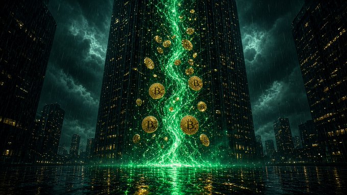 A dramatic digital artwork showing golden Bitcoin coins swirling in a glowing green energy tornado between tall dark skyscrapers under a stormy sky.
