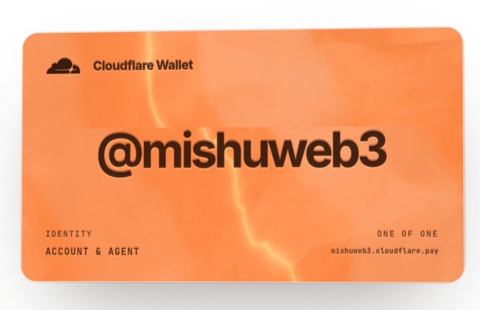 An orange Cloudflare Wallet card with lightning effects displaying '@mishuweb3' as an Identity Account & Agent.