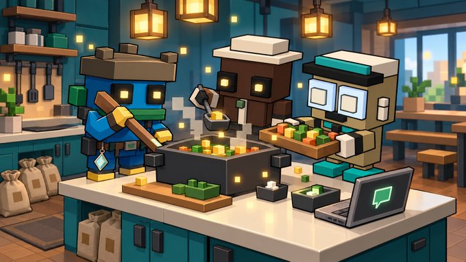 A pixel-art style digital illustration shows two blocky, robot-like characters in a warmly lit kitchen preparing food on a counter with a laptop and various ingredients.