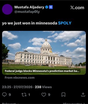 The image shows an X post by Mustafa Aljadeery (@mustafap0ly) reading "yo we just won in minnesota $POLY," accompanied by a news clip captioned "Federal judge blocks Minnesota's prediction market ba..." from nbcnews.com. This relates to the hint about $POLY because it celebrates a legal victory in Minnesota that benefits Polymarket, suggesting potential positive developments for the $POLY token.