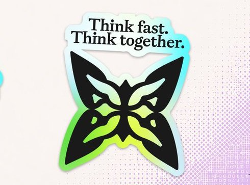 The image features a sticker with a butterfly design on a white background. The butterfly has black wings and green body, creating an eye-catching contrast against the white backdrop. Below the butterfly, there's text that reads "Think fast. Think together." This message is accompanied by a quote about the importance of collaboration in the context of Quantum computing research.