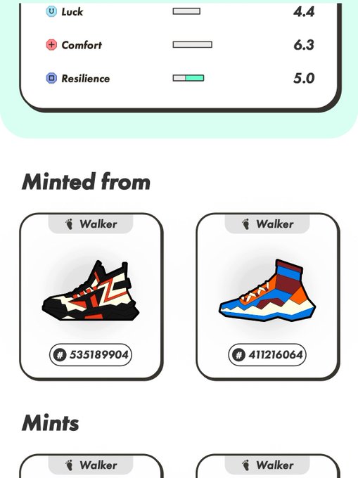 A STEPN app interface displaying sneaker attributes (Luck: 4.4, Comfort: 6.3, Resilience: 5.0) and the sneaker's lineage under 'Minted from' showing two Walker parent sneakers.