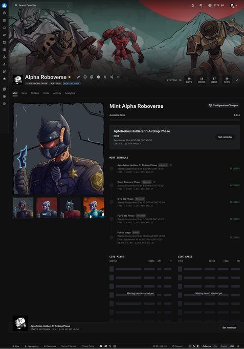 A screenshot of the OpenSea NFT marketplace displaying the "Alpha Roboverse" collection page, featuring a price of 0.520 ETH, a 4,444 total supply, and various mint schedule phases leading up to a September 15th launch date with dates ranging from September 15-22, 2024.