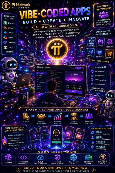 A vibrant promotional infographic for 'Pi Network' advertises 'VIBE-CODED APPS' with the tagline 'BUILD • CREATE • INNOVATE', showcasing AI tools like ChatGPT, Claude, and DeepSeek, and mentioning 'Stake Pi', '1000+ PI Apps', and '100,000+ Community Ecosystem'.