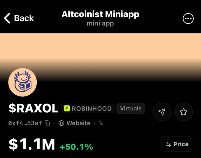 A cryptocurrency mini-app screen for the token $RAXOL on Robinhood, showing a price of $1.1M and an increase of +50.1%.